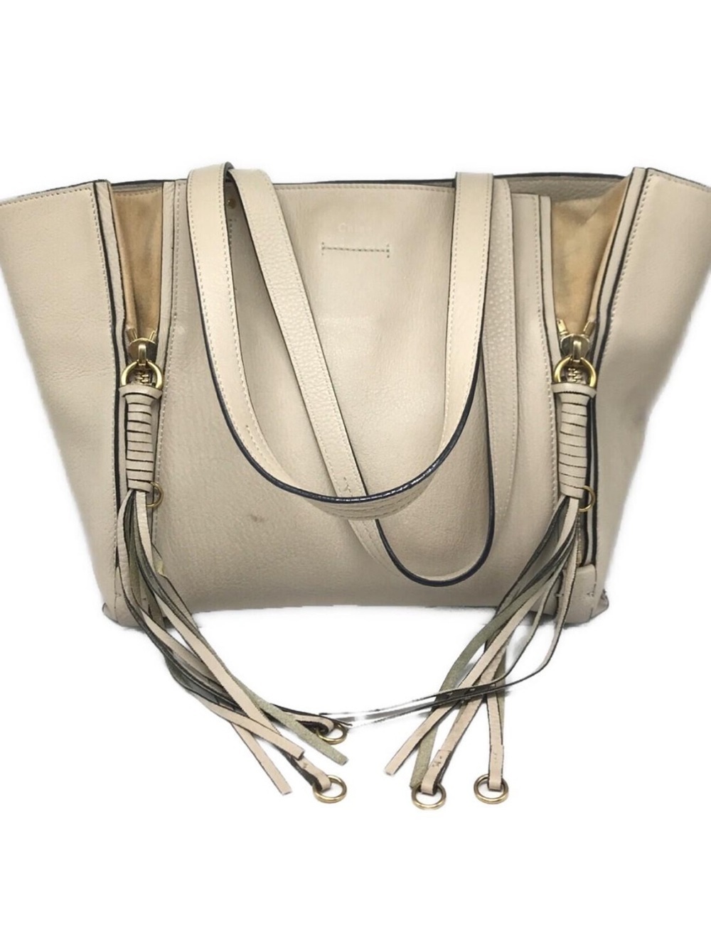 Chloe Cream Leather Fringe Tote with Gold Hardware